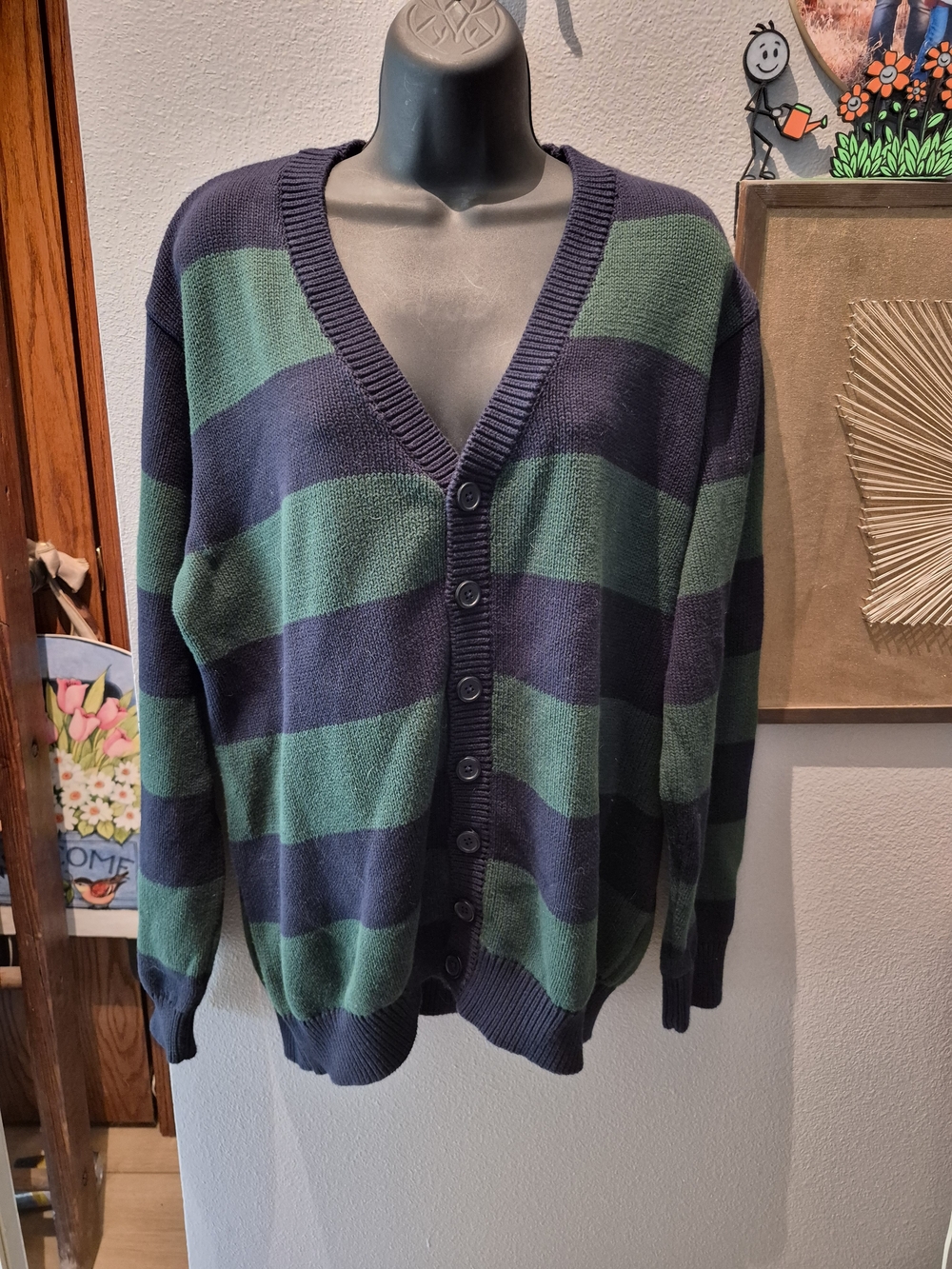 Brandy Melville Classic Striped V-Neck Cardigan - Navy & Green